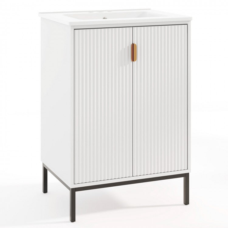 24-Inch Bathroom Vanity with Ceramic Sink Combo, Freestanding Bathroom Cabinet with Adjustable Shelf, White