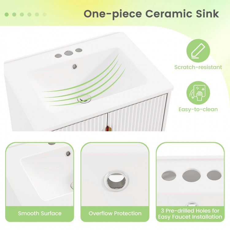 24-Inch Bathroom Vanity with Ceramic Sink Combo, Freestanding Bathroom Cabinet with Adjustable Shelf, White