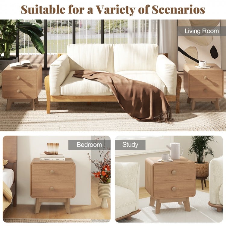 Nightstand with 2 Drawers Solid Rubber Wood Legs-Brown