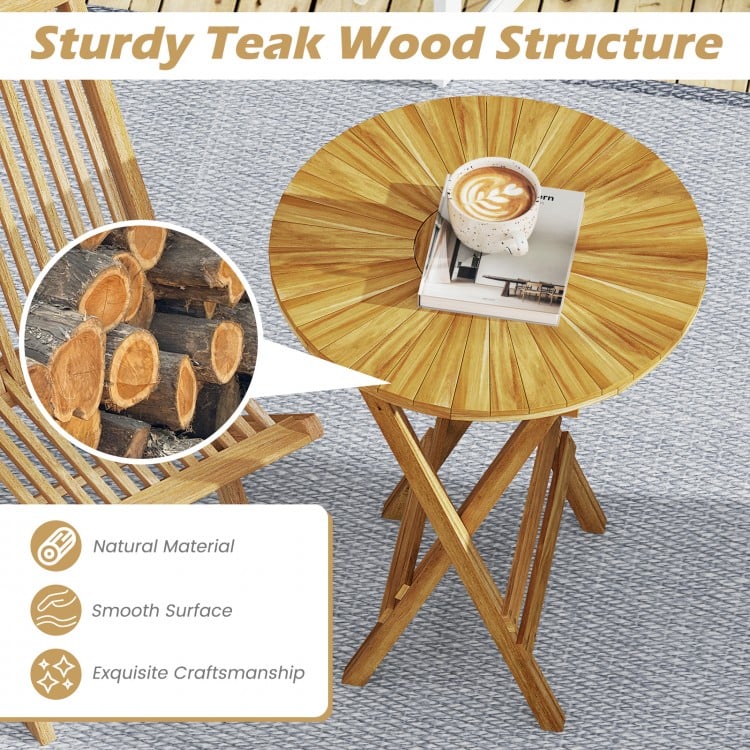 Patio Folding Side Table Teak Wood Round End Table with Slatted Tabletop and X-Shaped Frame
