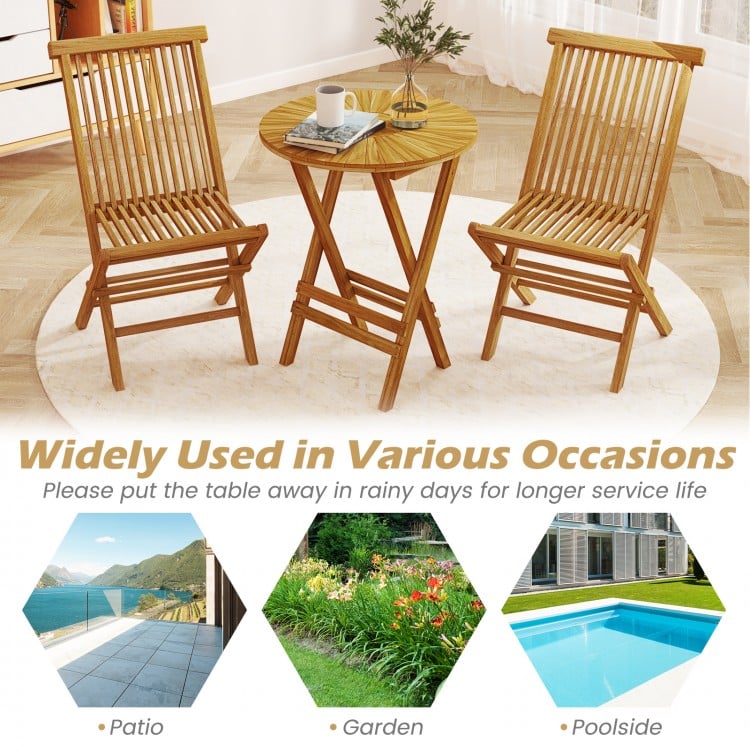 Patio Folding Side Table Teak Wood Round End Table with Slatted Tabletop and X-Shaped Frame