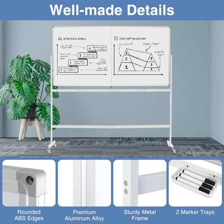 Rolling Double-Sided Magnetic Whiteboard on Wheels with Stand and Aluminum Alloy Frame-White
