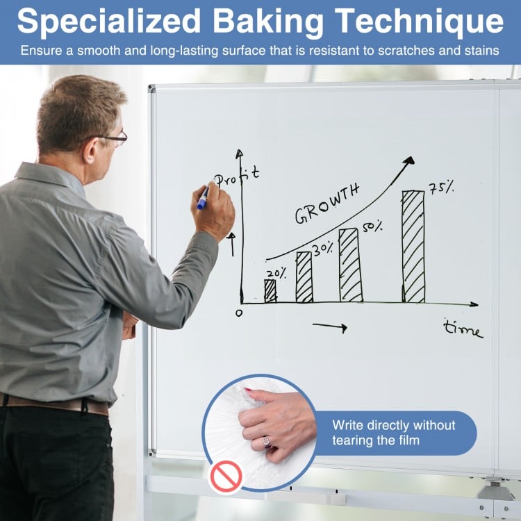 Rolling Double-Sided Magnetic Whiteboard on Wheels with Stand and Aluminum Alloy Frame-White