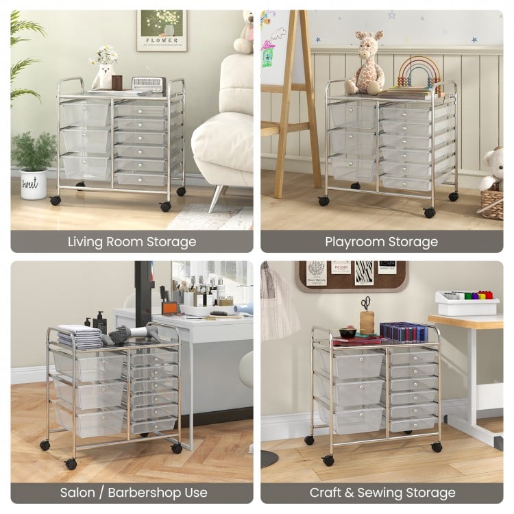 9-Drawer Rolling Storage Cart with Colorful Drawers and Metal Frame-Transparent