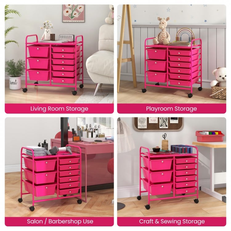 9-Drawer Rolling Storage Cart with Colorful Drawers and Metal Frame-Light Pink