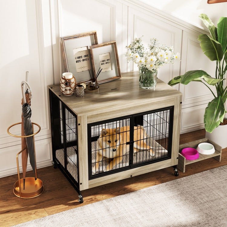 Industrial Dog Kennel with Flip-up Top 3 Lockable Doors and Removable Tray-Gray