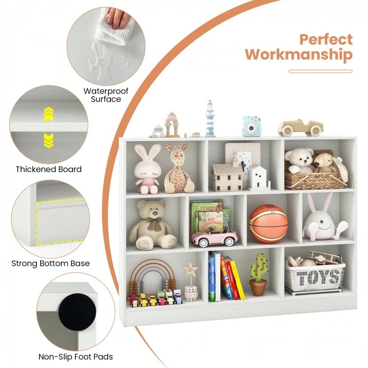 41 inches Wooden Toy Storage Organizer with 10 Cubes for Classroom Daycare Nursery Kindergarten-White