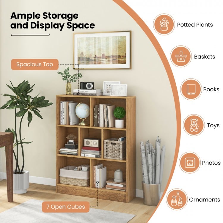 7-Section Freestanding Bookshelf for Kids Room Classroom Daycare Nursery-Natural