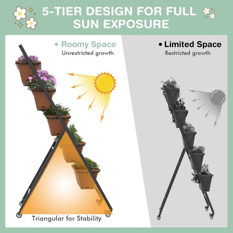 5-Tier Vertical Raised Garden Bed with Wheels and Container Boxes-Brown