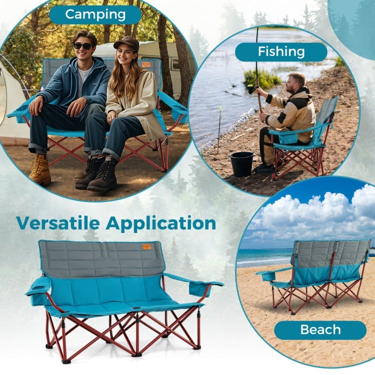 Oversized Camping Chair Folding Loveseat Camping Couch with Cup Holders & Thick Padding-Blue