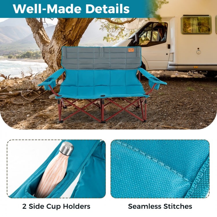 Oversized Camping Chair Folding Loveseat Camping Couch with Cup Holders & Thick Padding-Blue
