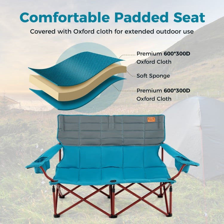 Oversized Camping Chair Folding Loveseat Camping Couch with Cup Holders & Thick Padding-Blue