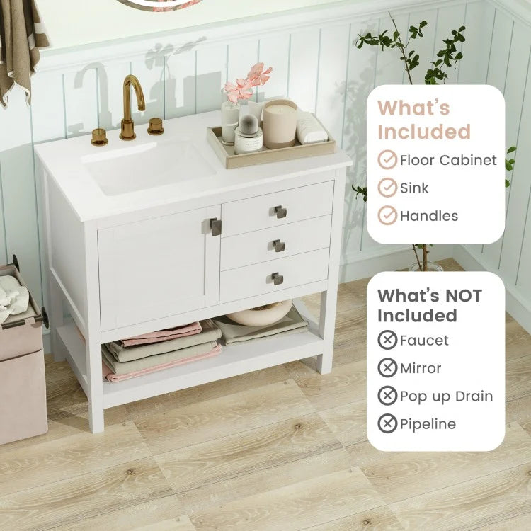 36-Inch Freestanding Bathroom Vanity with Ceramic Basin, Granite Countertop, 2 Drawers & Storage Cabinet, White
