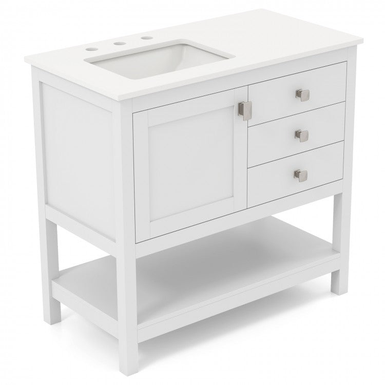 36-Inch Freestanding Bathroom Vanity with Ceramic Basin, Granite Countertop, 2 Drawers & Storage Cabinet, White