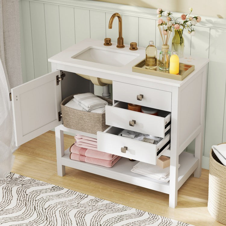 36-Inch Freestanding Bathroom Vanity with Ceramic Basin, Granite Countertop, 2 Drawers & Storage Cabinet, White