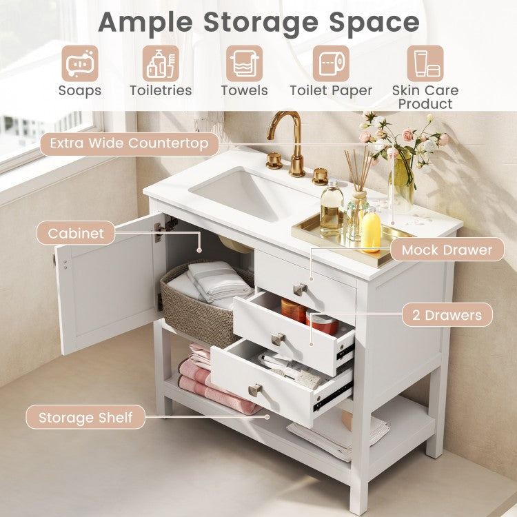 36-Inch Freestanding Bathroom Vanity with Ceramic Basin, Granite Countertop, 2 Drawers & Storage Cabinet, White