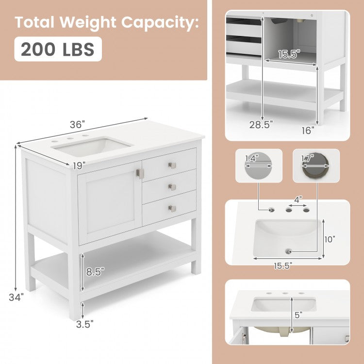 36-Inch Freestanding Bathroom Vanity with Ceramic Basin, Granite Countertop, 2 Drawers & Storage Cabinet, White
