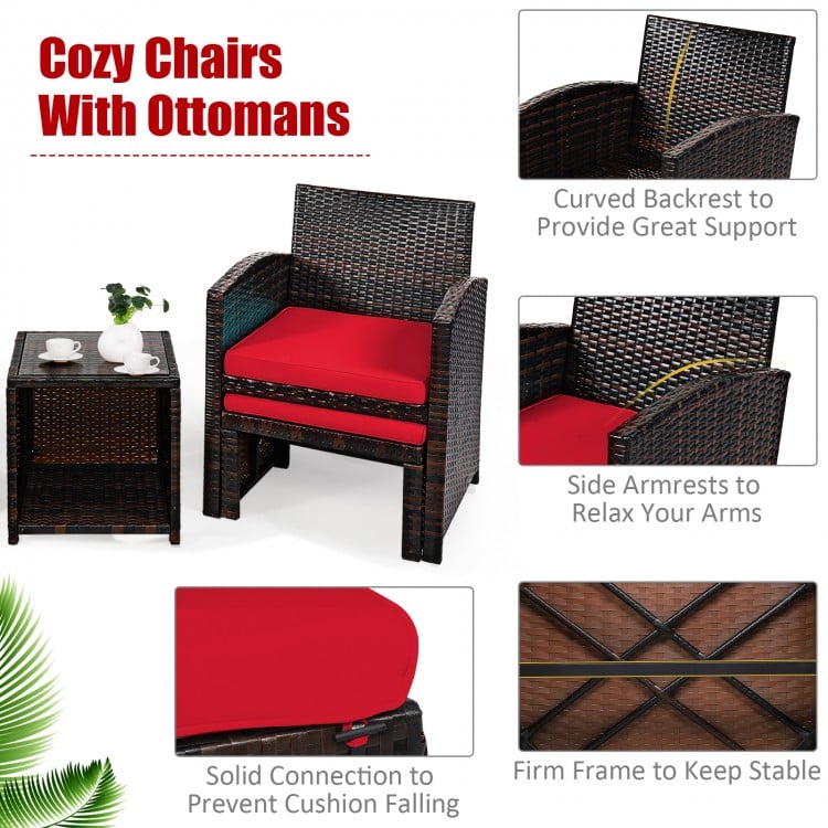 5 Pieces Patio Rattan Furniture Set with Ottoman and Tempered Glass Coffee Table-Red