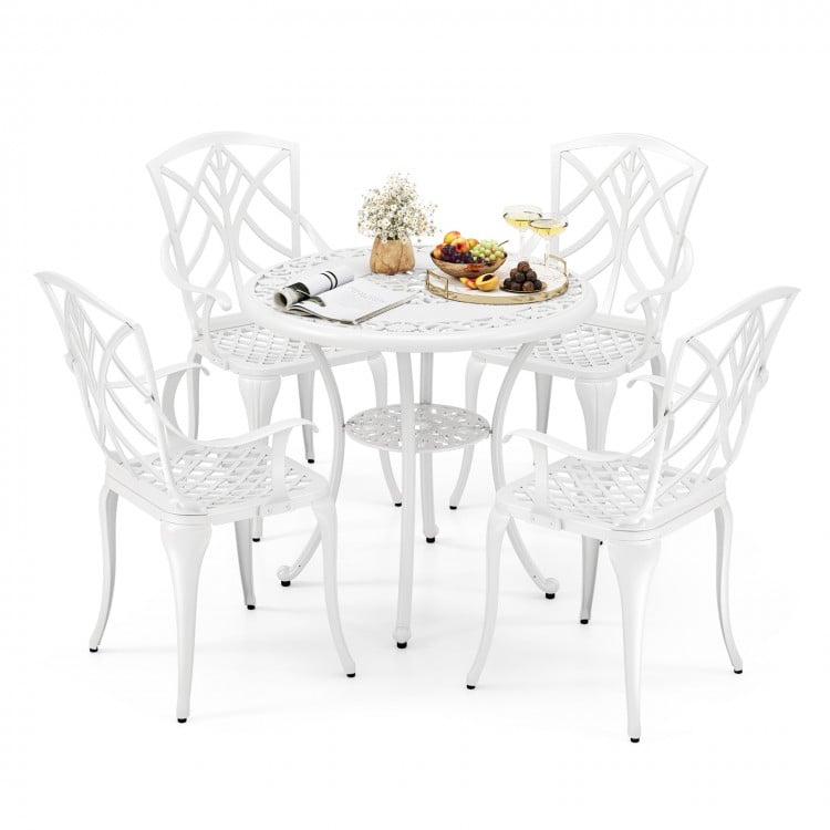 Set of 4 Cast Aluminum Patio Dining Chairs with Armrests and Decorative Patterns
