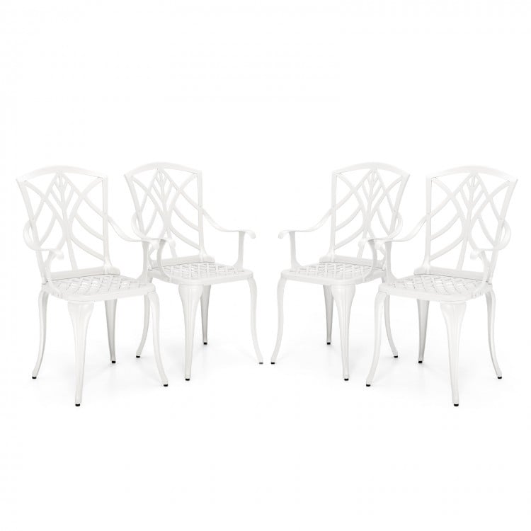 Set of 4 Cast Aluminum Patio Dining Chairs with Armrests and Decorative Patterns