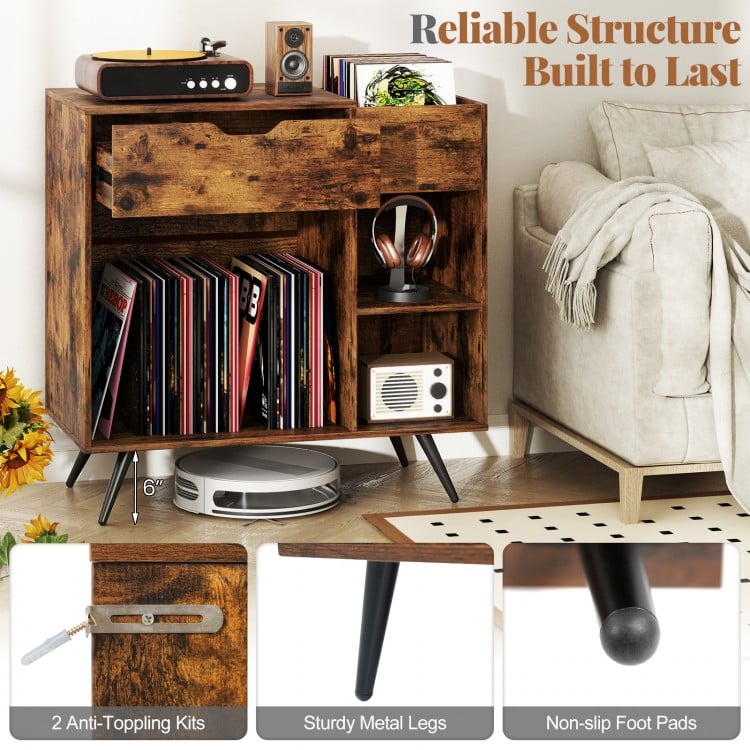 Record Player Stand with Power Outlet-Rustic Brown