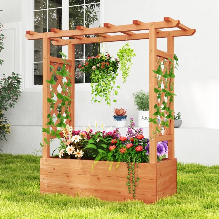 Wooden Raised Garden Bed Elevated Planter Box with Trellis and Hanging Roof-Orange