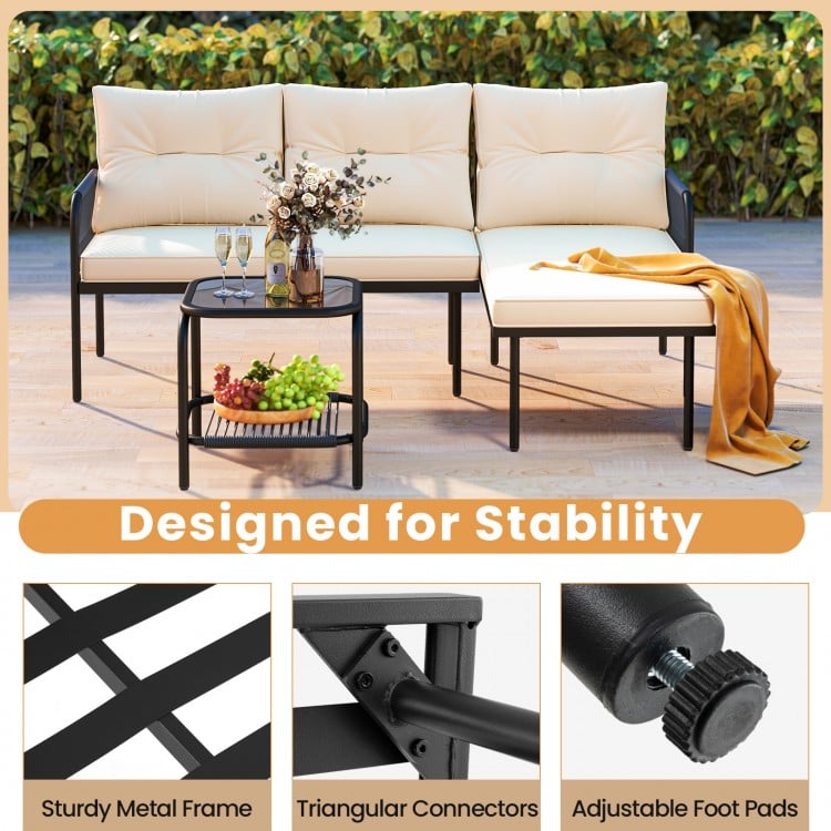 3-Piece L Shaped Patio Furniture Set PE Rattan Sectional Sofas-Beige