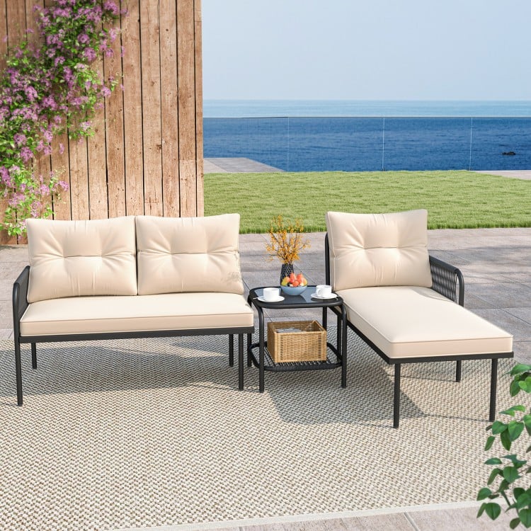 3-Piece L Shaped Patio Furniture Set PE Rattan Sectional Sofas-Beige