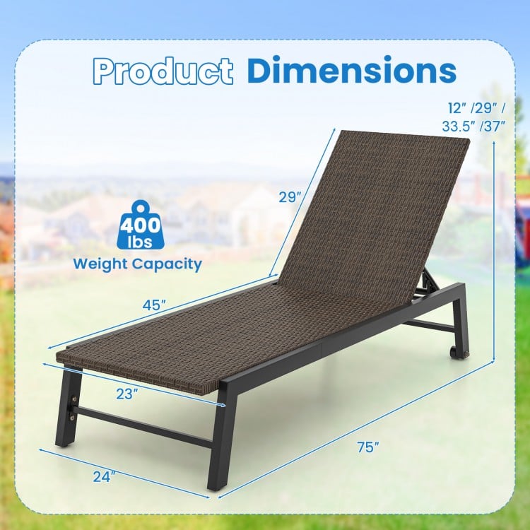 Patio PE Rattan Chaise Lounge with 5-Level Backrest and Wheels-Brown