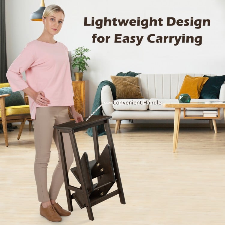 3-in-1 Rubber Wood 3 Tier Folding Step Stool Ladder Storage Shelf-Dark Brown