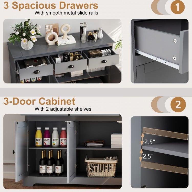 3 Drawers Sideboard Buffet Storage with Adjustable Shelves-Gray
