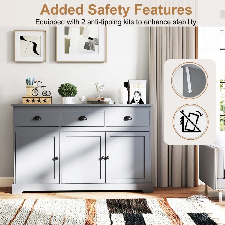3 Drawers Sideboard Buffet Storage with Adjustable Shelves-Gray