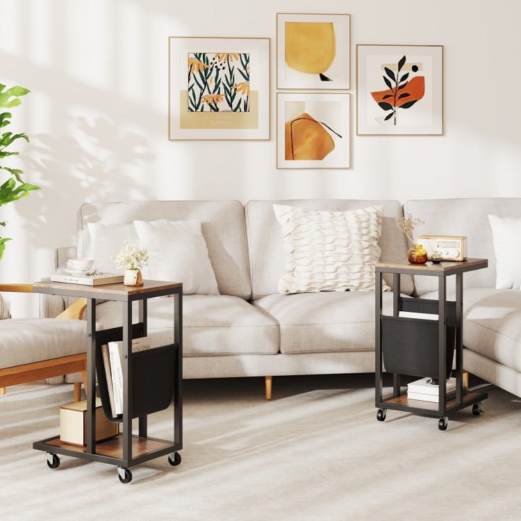 C-shaped Side Table with Canvas Storage Pouch and Metal Frame-Borwn