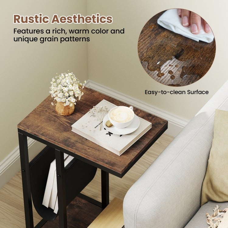 C-shaped Side Table with Canvas Storage Pouch and Metal Frame-Borwn