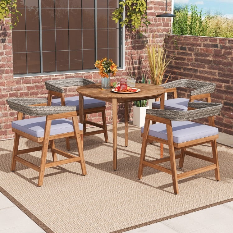Outdoor Acacia Wood Patio Wicker Dining Chairs Set of 4 with Seat Cushion-Gray