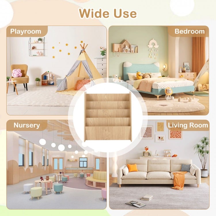 4-Tier Kids Bookshelf with Deep Compartments for Bedroom-Natural