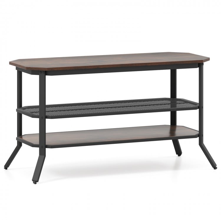 3-tier Console Table TV Stand with Mesh Storage Shelf-Rustic Brown