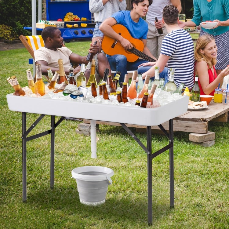 4 Feet Plastic Party Ice Folding Table with Matching Skirt and Ice Bucket-White