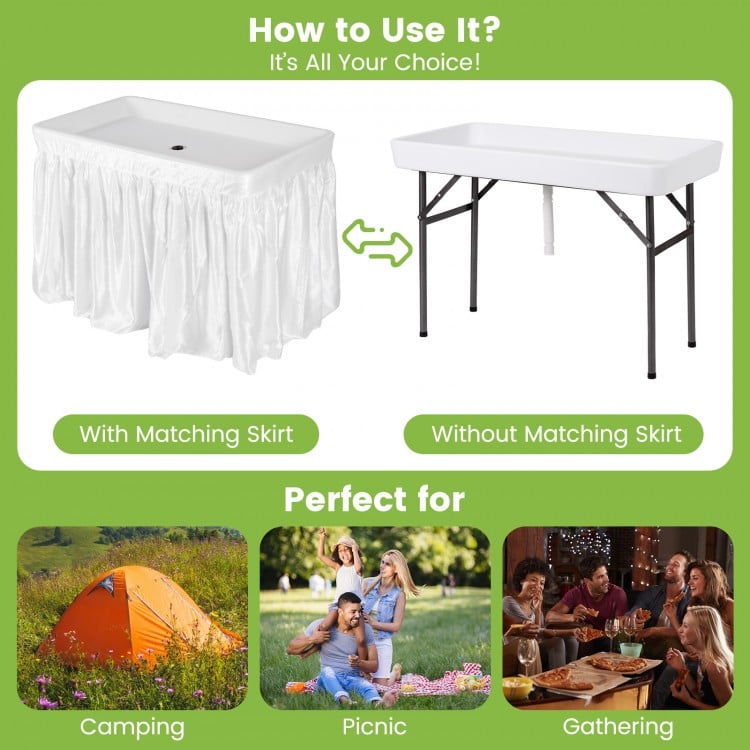 4 Feet Plastic Party Ice Folding Table with Matching Skirt and Ice Bucket-White