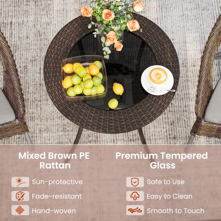 PE Wicker Patio Bistro Table Round with Tempered Glass Top and Shelf