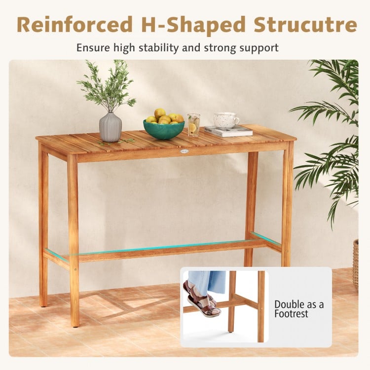 Acacia Wood Counter Height Table with Slatted Tabletop and Footrest Crossbar