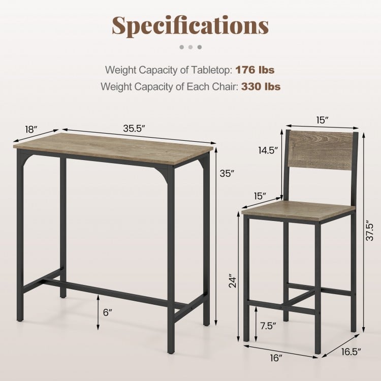 3 Piece Bar Table Set with Backrest and Footrest for Small Space-Gray