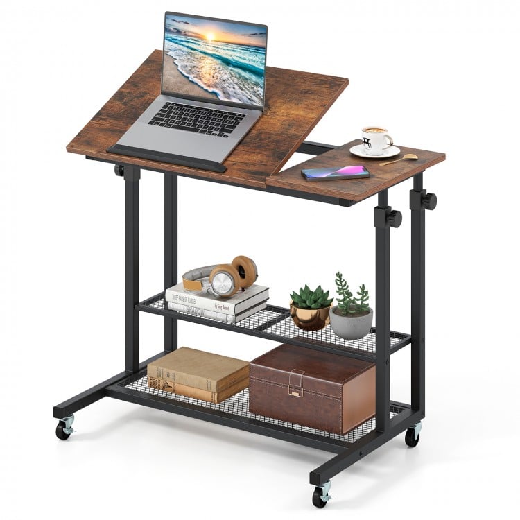 Mobile Stand up Desk Height Adjustable Standing Table with Tilting Tabletop-Rustic Brown