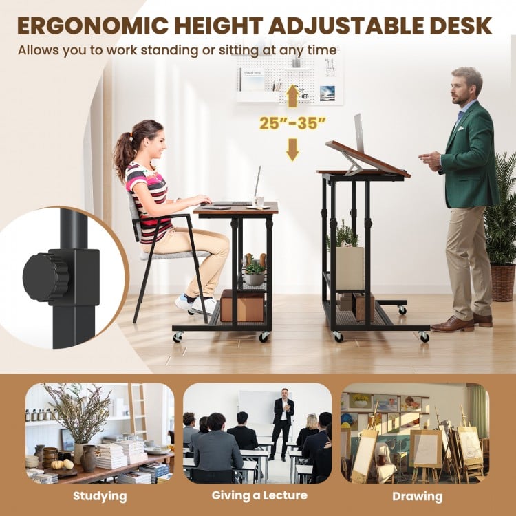 Mobile Stand up Desk Height Adjustable Standing Table with Tilting Tabletop-Rustic Brown