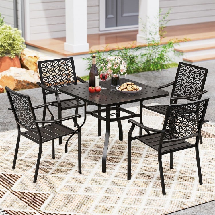 Set of 2 Patio Dining Chairs with Curved Armrests and Reinforced Steel Frame
