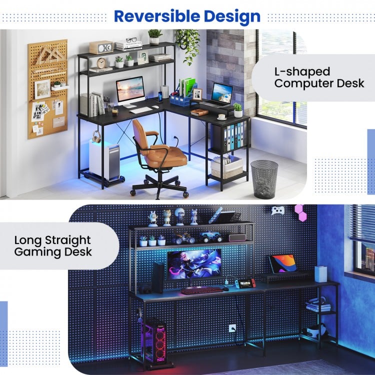 L-Shaped Reversible Gaming Desk with LED Strip and Power Outlets Hutch Monitor Stand-Black