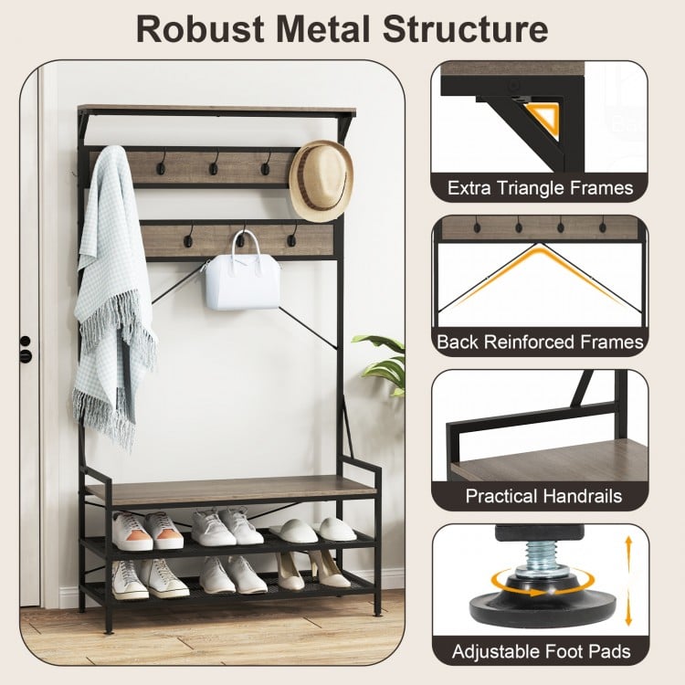 Coat Rack 4-In-1 Hall Tree with 11 Hanging Hooks Shoe Bench-Gray