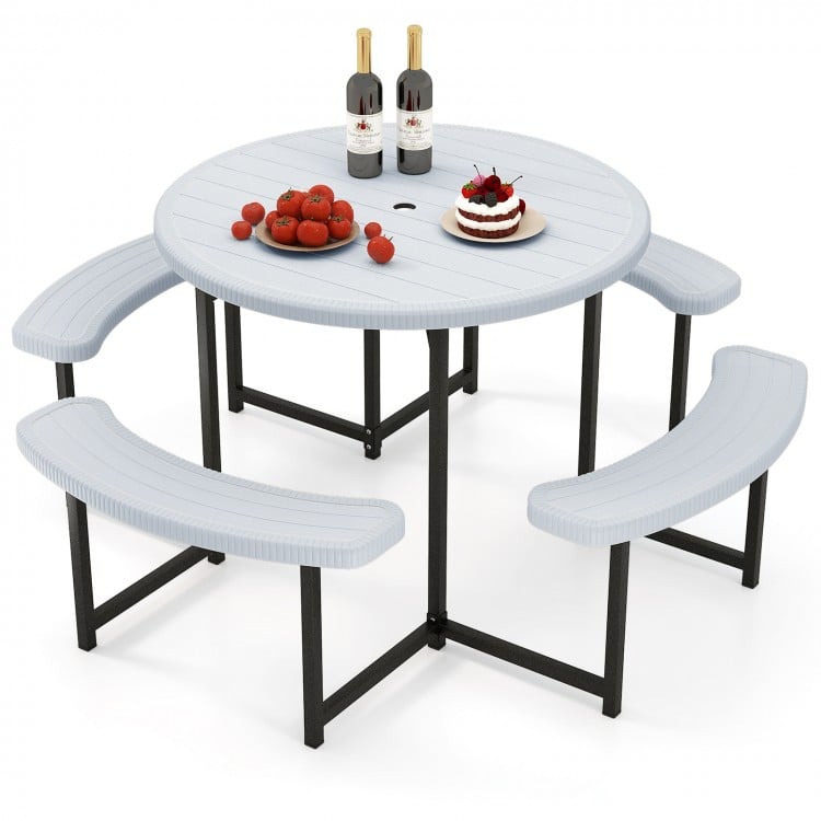 Round Picnic Table Bench Set with 4 Benches and Umbrella Hole for Patio Lawn-White