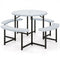 Round Picnic Table Bench Set with 4 Benches and Umbrella Hole for Patio Lawn-White