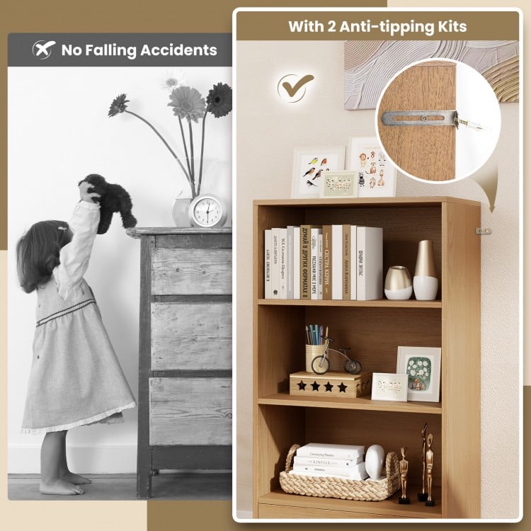 4-Tier Storage Bookcase with Open Shelves Drawer and Anti-toppling Device-Natural